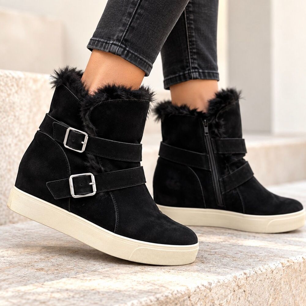 J Slides Wells Black Suede Hidden Wedge Platform Sz 8.5 Fur High Top Sneakers